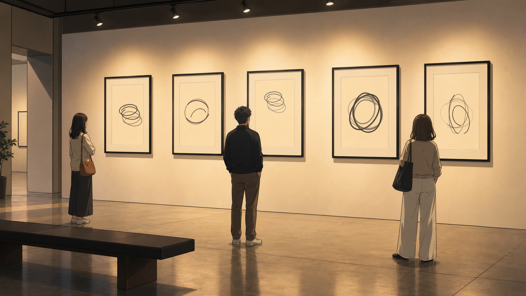 Anime-style gallery room with visitors viewing framed Line Studies artworks