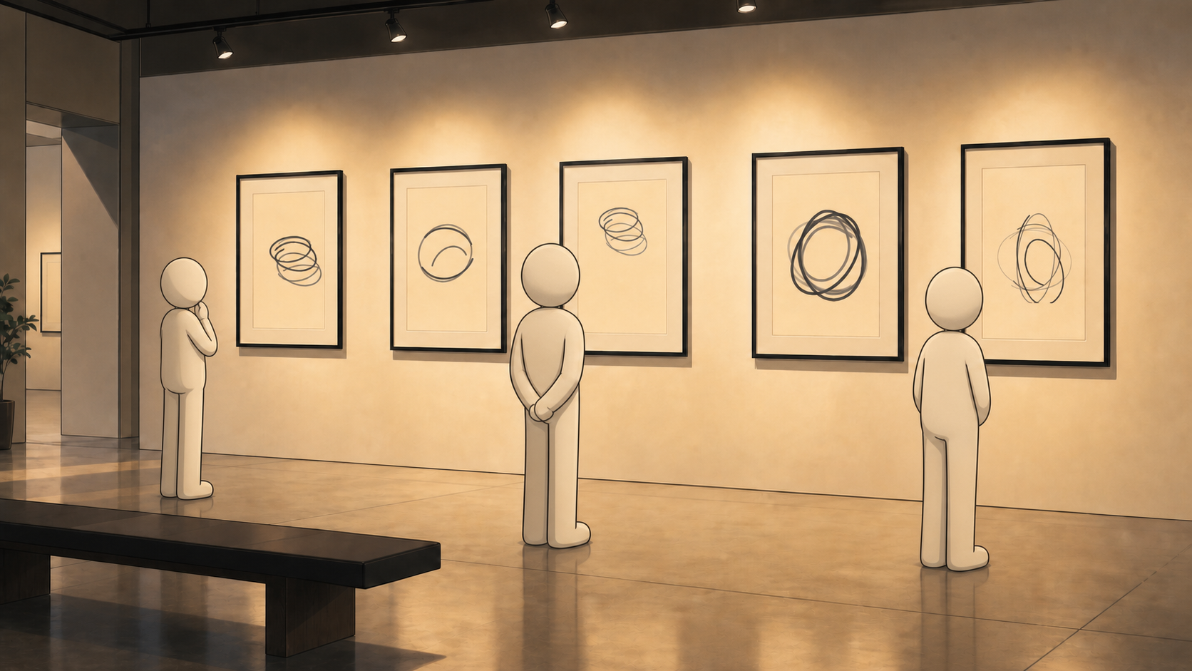 Gallery room with visitors viewing framed Line Studies artworks